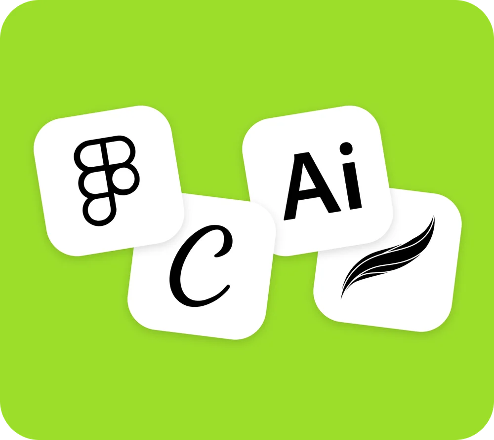 Figma, Canva, Illustrator and Procreate app icons scattered on a green background