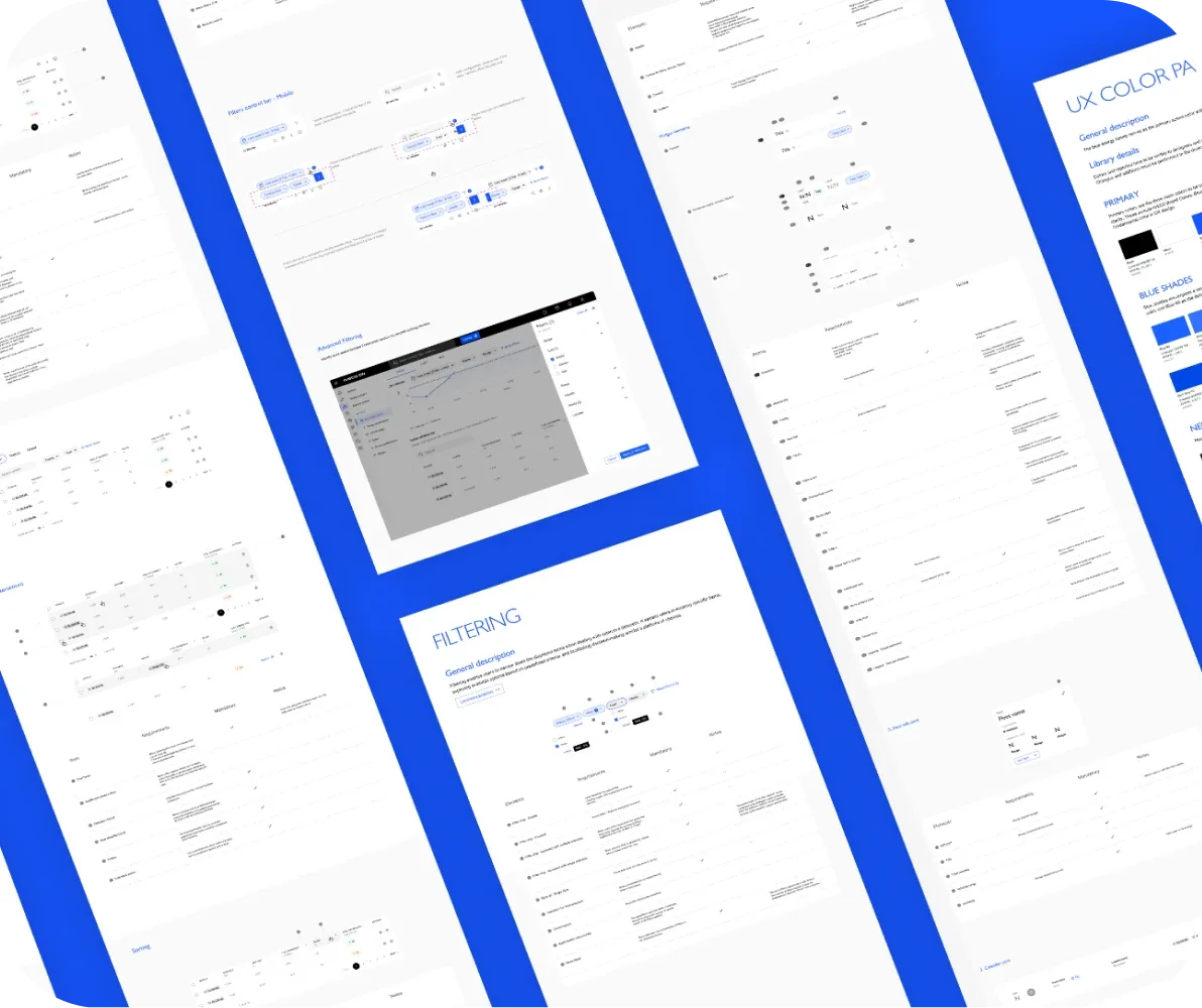 IVECO ON design system documentation pages for filtering and color palette