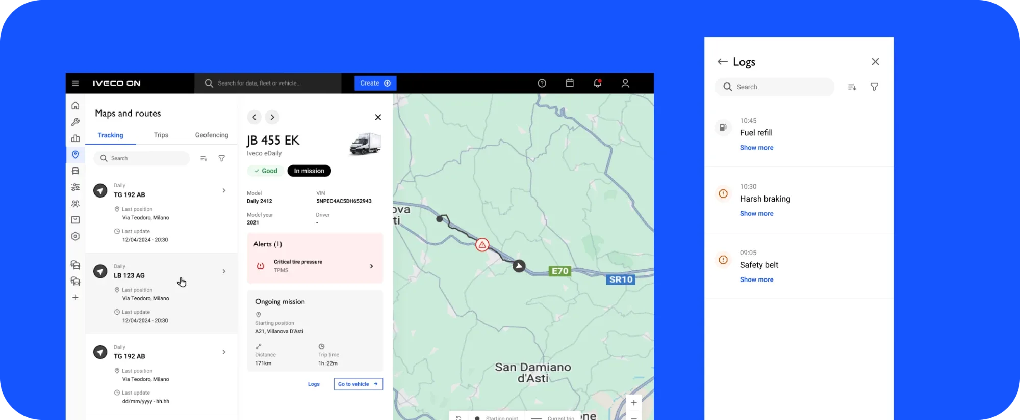 IVECO ON Maps and routes screen with a vehicle detail panel and a trip logs panel