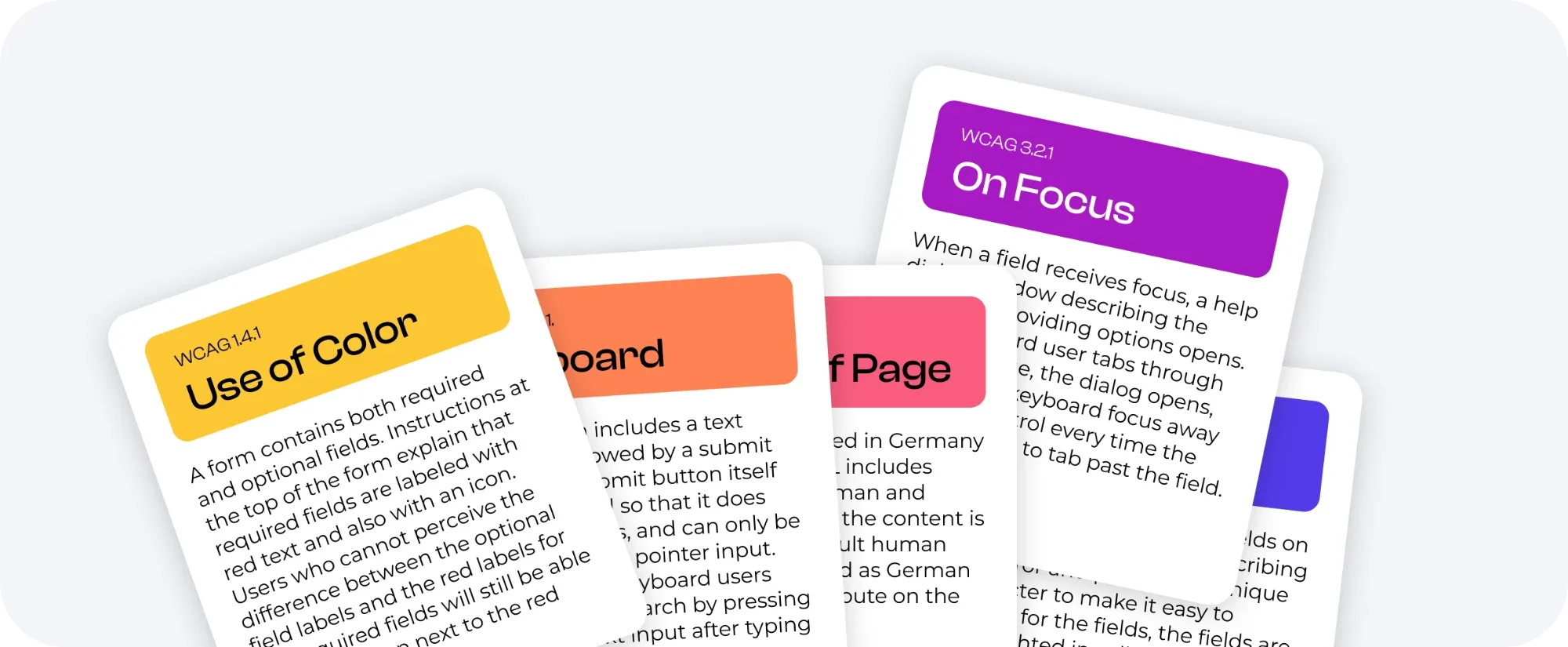 Cards describing WCAG success criteria: Use of Color, Keyboard, Language of Page and On Focus