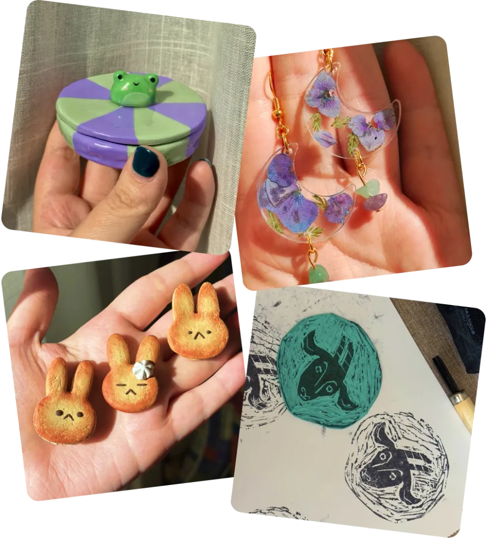 Collage of four handmade crafts: a frog trinket box, pressed flower moon earrings, clay bunny figurines and a linocut print