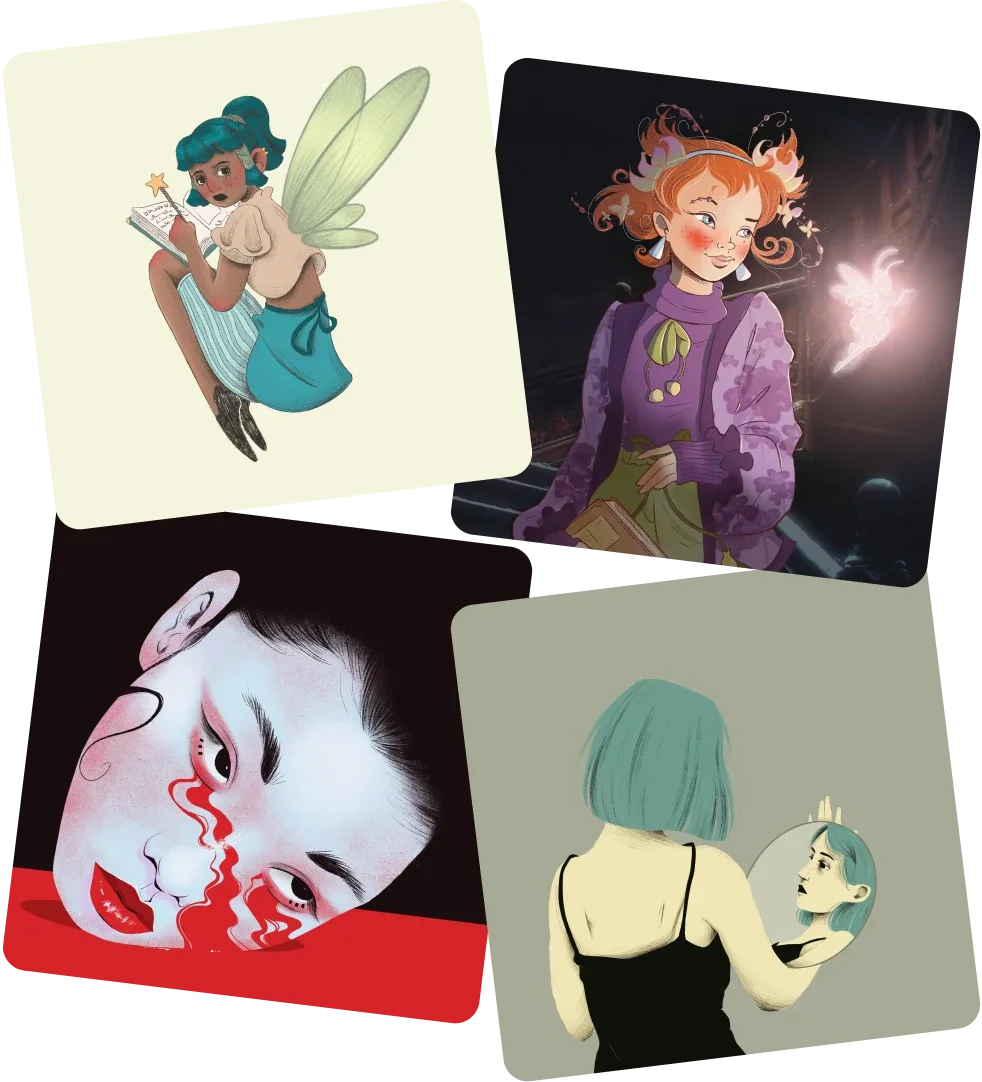 Collage of four illustrations: a fairy reading a book, a red-haired girl with a glowing fairy, a face with red tears and a woman looking into a hand mirror