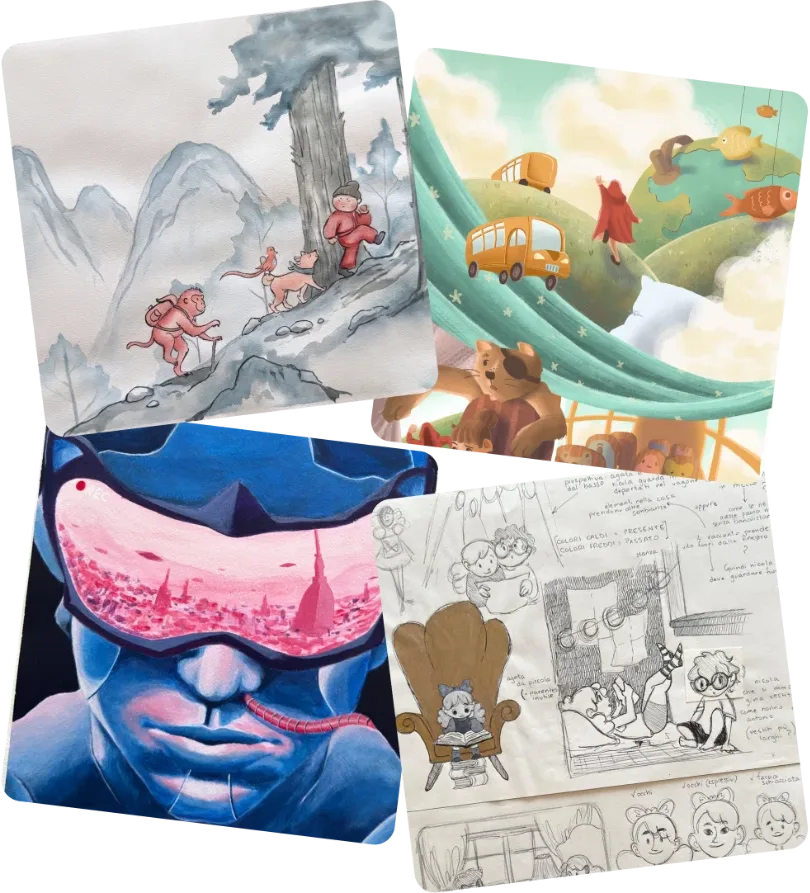Collage of four art school projects: a watercolor mountain scene, a colorful storybook illustration, a painted portrait with goggles and pencil sketches