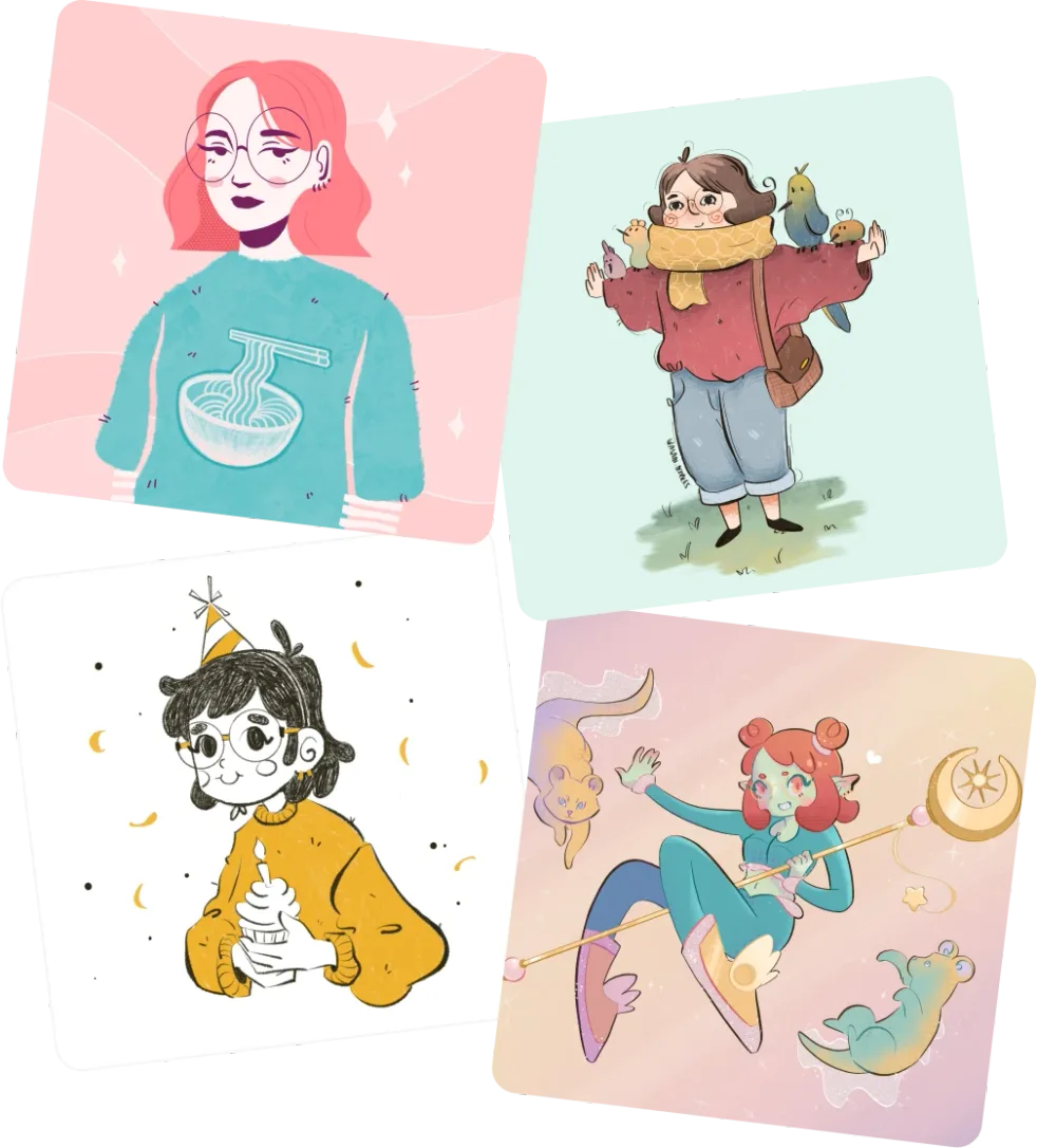 Collage of four self portraits in different illustration styles
